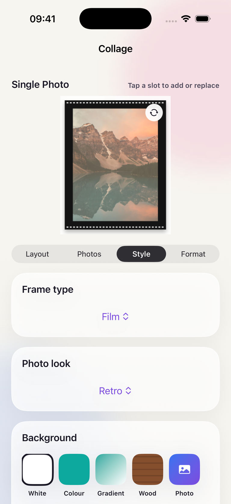 PicWiz Style controls showing a Film frame, Retro photo look and background choices