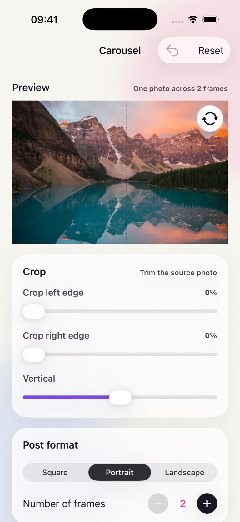 PicWiz carousel editor with an alpine panorama split across two frames