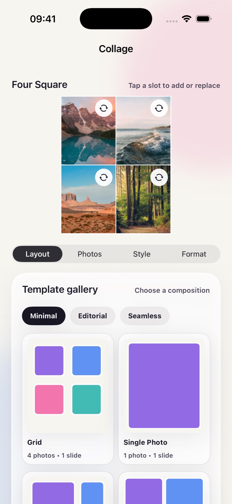 PicWiz collage editor with four landscape photos and the template gallery