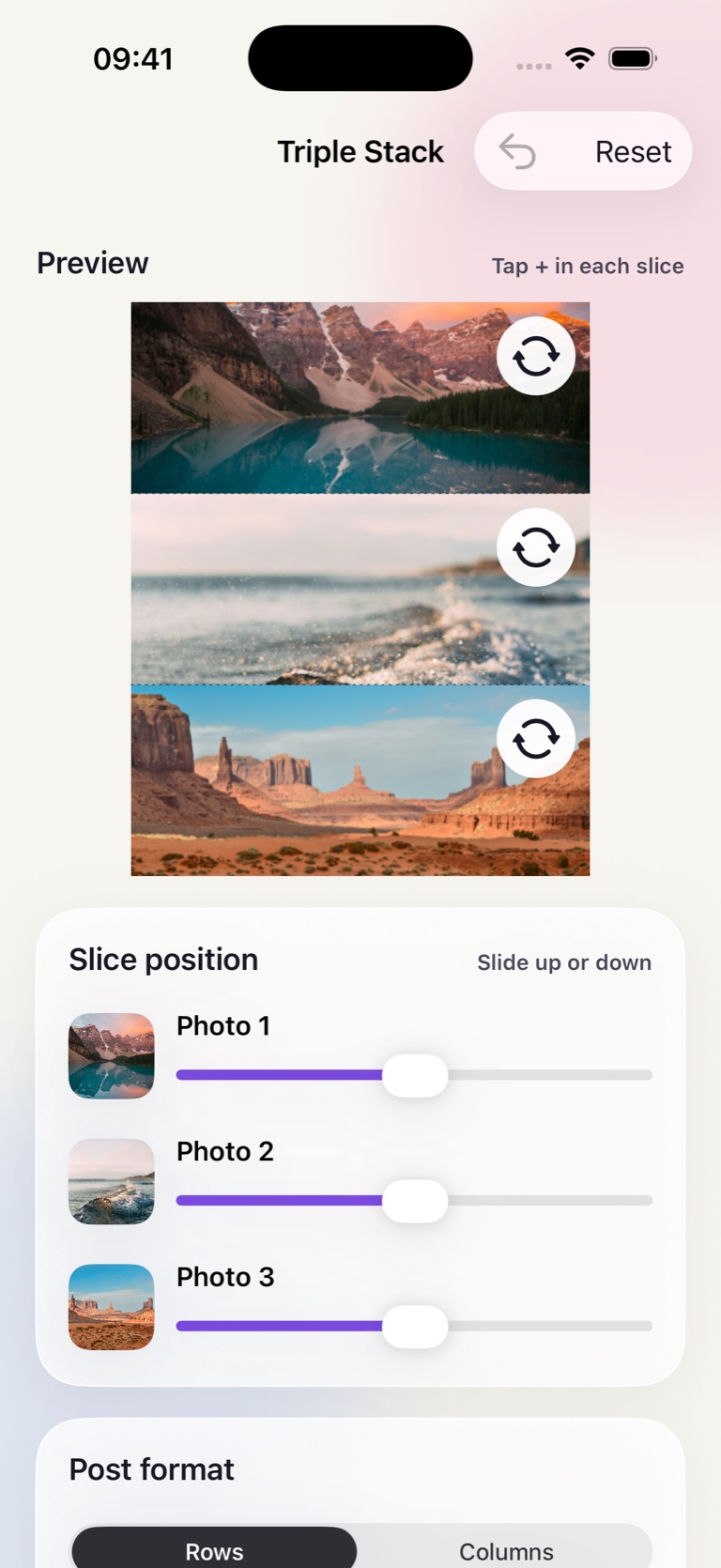 PicWiz Triple Stack editor combining mountain, coast and desert photos in three horizontal slices